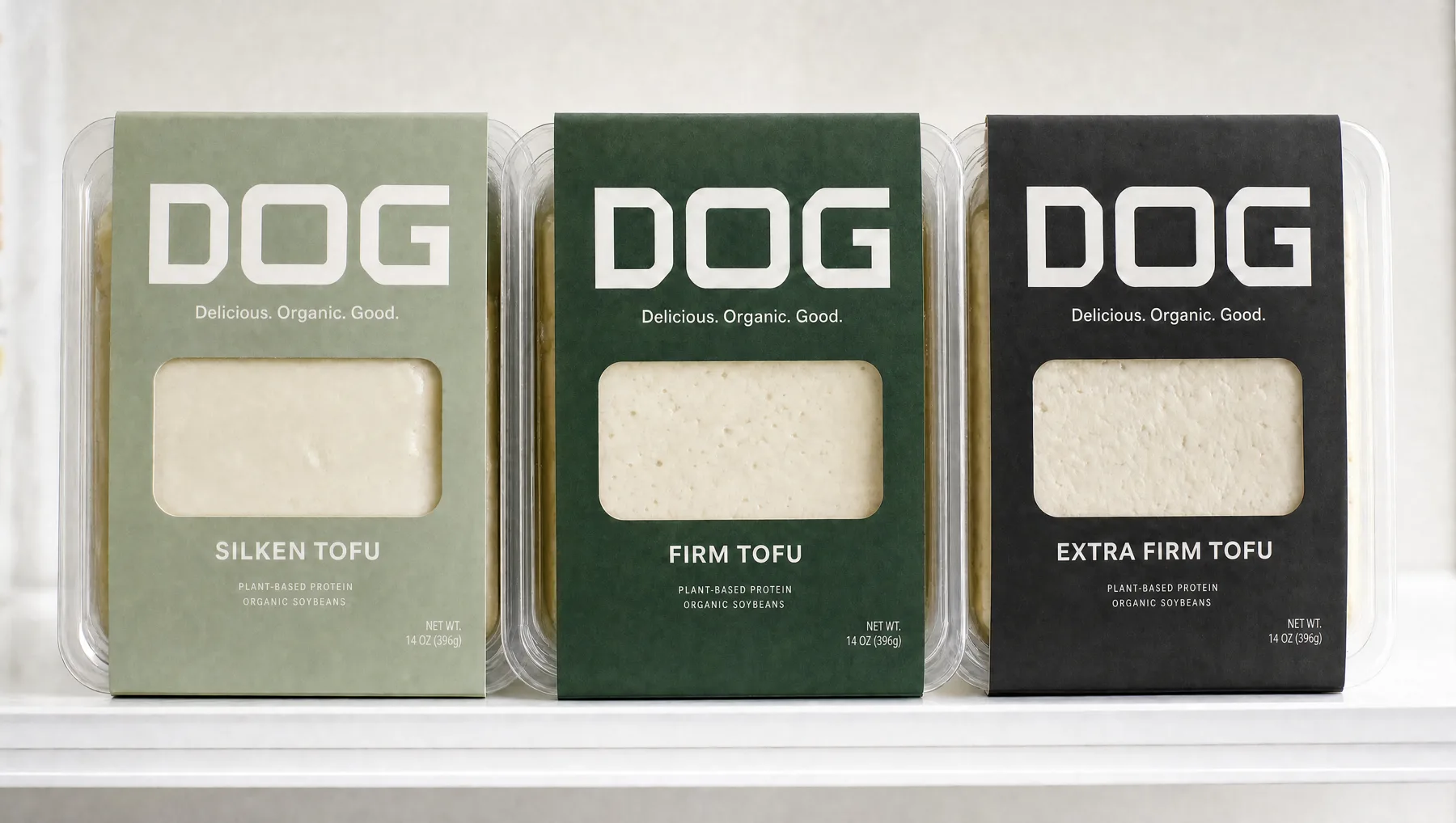 DOG Silken, Firm, and Extra Firm tofu on a shelf
